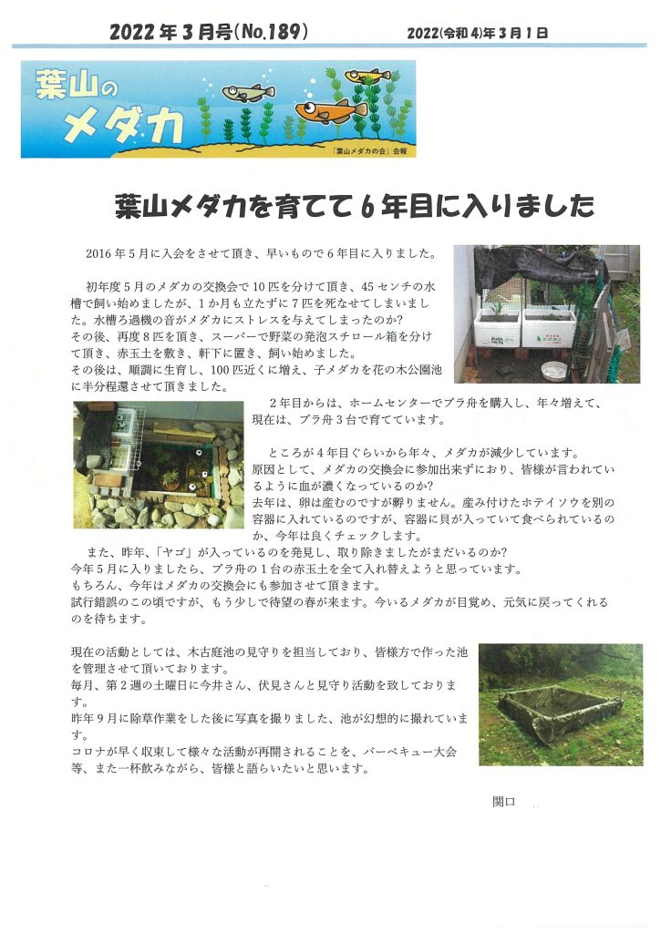 「葉山メダカの会」会報3月号/NO.189