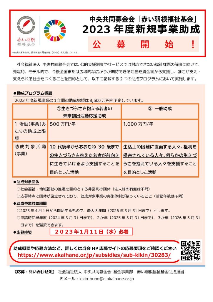 赤い羽根福祉基金 2023年度新規事業助成の公募について／社会福祉法人中央共同募金会