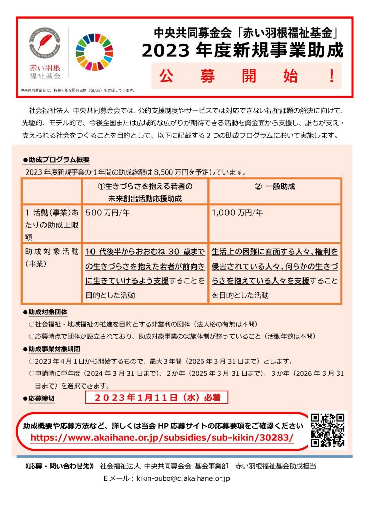 赤い羽根福祉基金 2023年度新規事業助成の公募について／社会福祉法人中央共同募金会