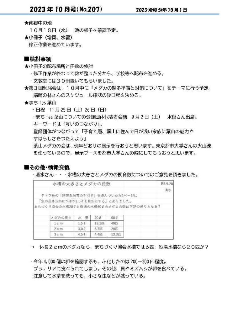 「葉山メダカの会」会報10月号/NO.207