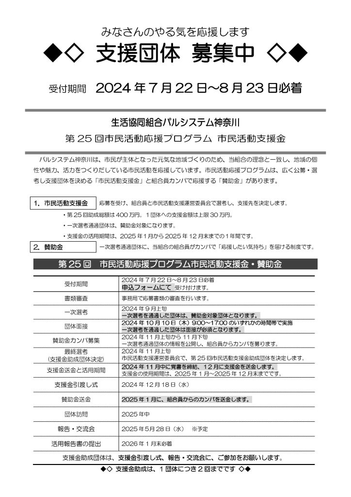【8月23日締切】～神奈川県の市民活動への支援金～　第25回 市民活動応援プログラム 募集／生活協同組合パルシステム神奈川