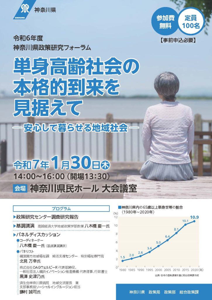 【1月30日開催】令和6年度政策研究フォーラム「単身高齢社会の本格的到来を見据えて　-安心して暮らせる地域社会-」／神奈川県 政策局 政策部総合政策課